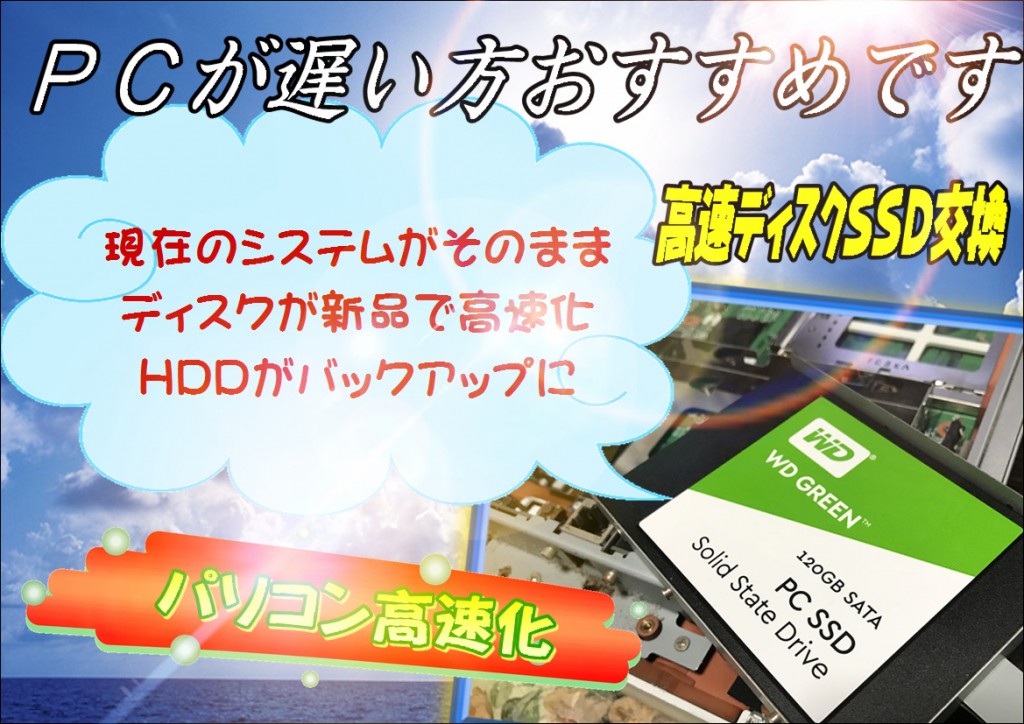 宮崎県北の方SSDディスク交換致します。日向市～延岡市周辺ＰＣ高速化。