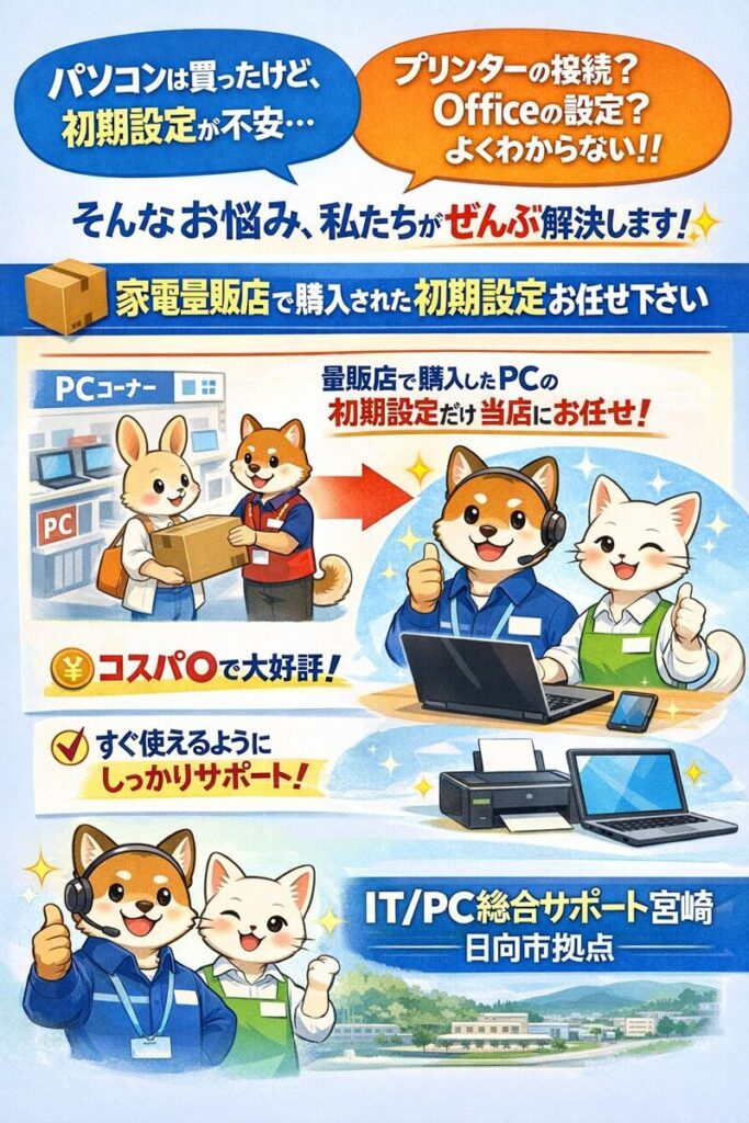 日向市パソコン初期設定お任せ下さい。宮崎県の方でしたら格安で対応いたします。