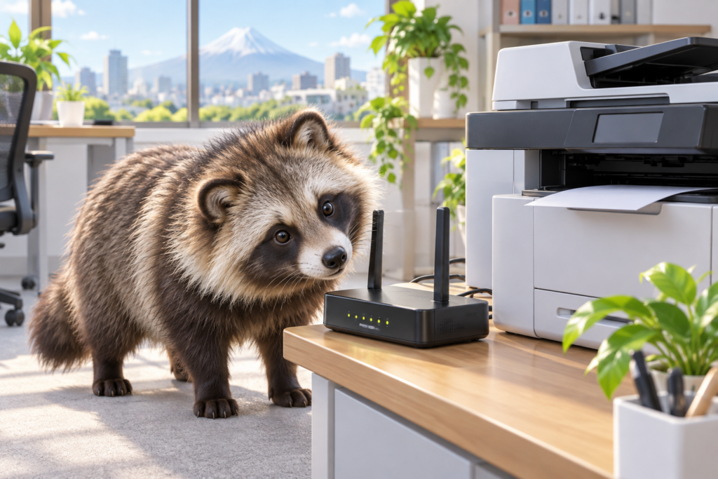 Wi-Fiルーターとプリンターの接続を確認するタヌキのイメージ画像