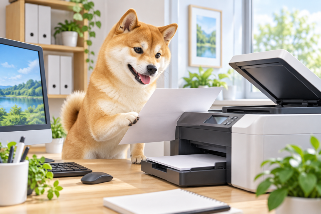 プリンターとスキャナーの設定を確認する柴犬のイメージ画像