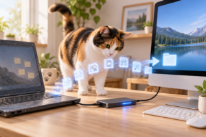 古いパソコンから新しいパソコンへデータを移行する猫のイメージ画像