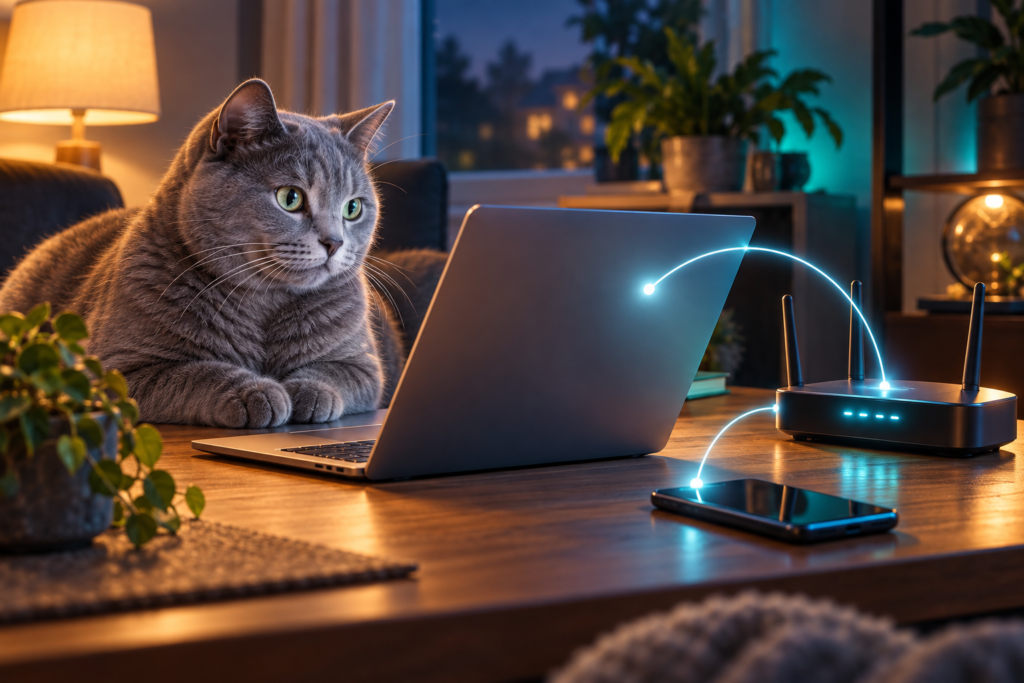 パソコンとスマートフォンとWi-Fiルーターの遠隔接続を確認する猫のイメージ画像