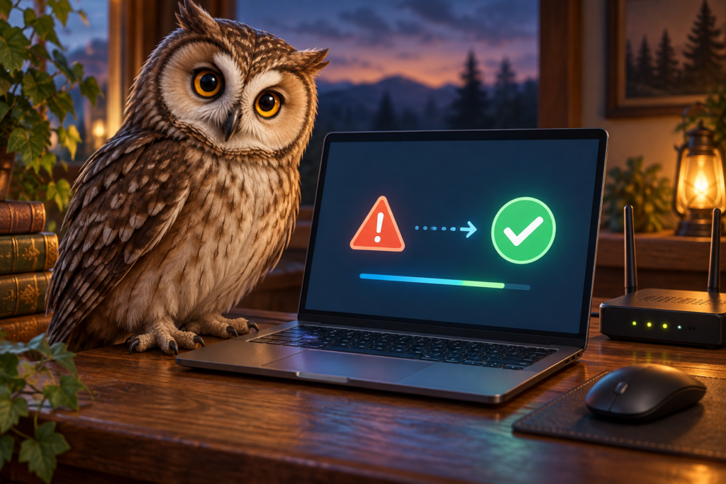 パソコンの警告を確認して解決へ導くフクロウのイメージ画像