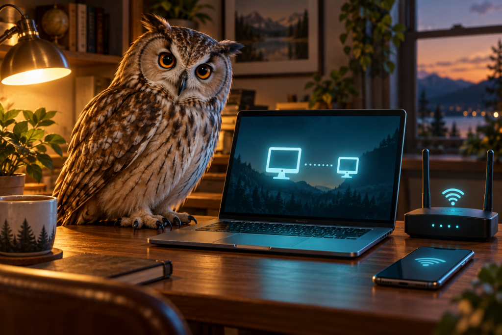 ノートパソコンとWi-Fi機器のそばにいるフクロウの遠隔サポートイメージ画像