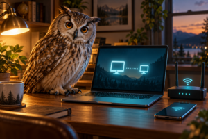 ノートパソコンとWi-Fi機器のそばにいるフクロウの遠隔サポートイメージ画像