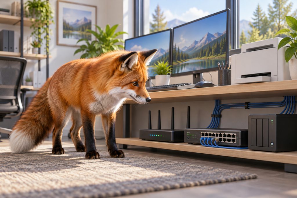 事務所のルーターやネットワーク機器を確認するキツネのイメージ画像