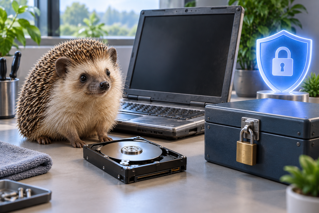 古いパソコンとハードディスクを安全に管理するハリネズミのイメージ画像