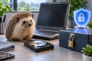 古いパソコンとハードディスクを安全に管理するハリネズミのイメージ画像