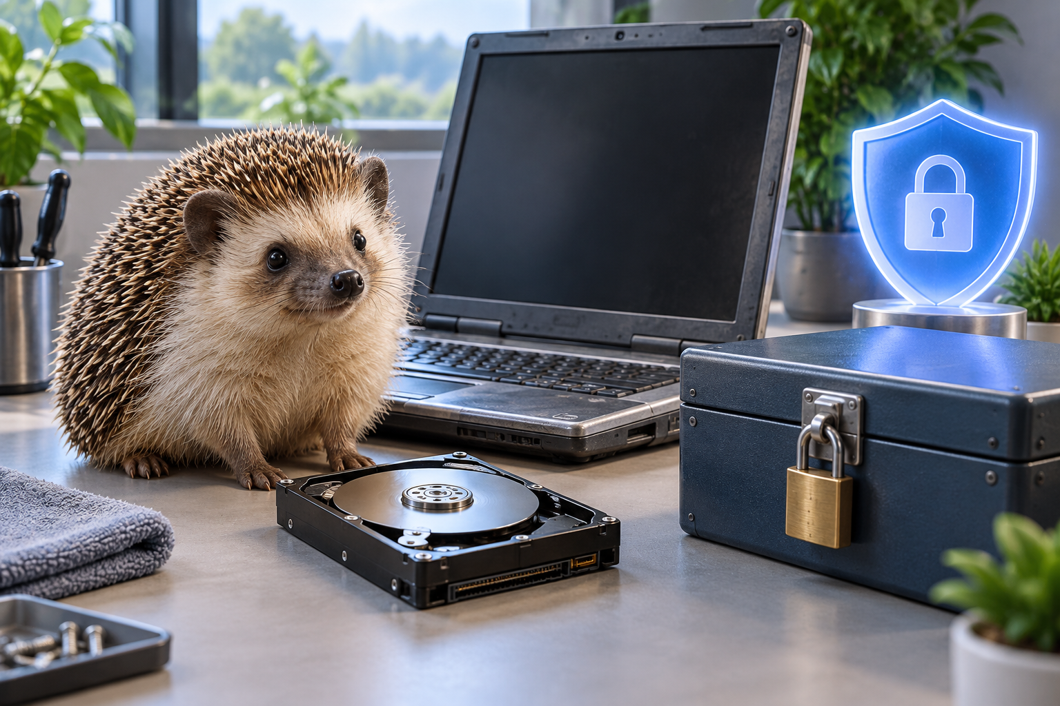 古いパソコンとハードディスクを安全に管理するハリネズミのイメージ画像