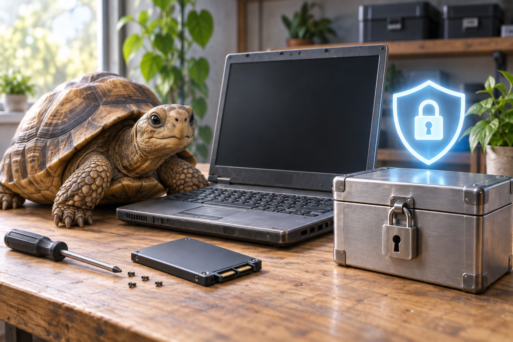 古いパソコンとSSDの安全なデータ消去を見守るカメのイメージ画像