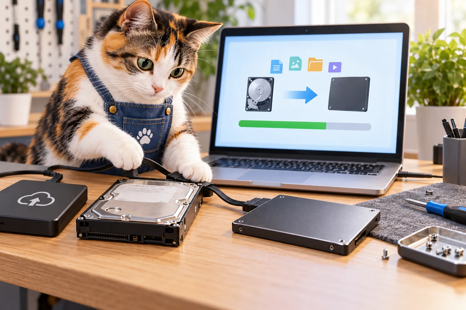 パソコンのハードディスクからSSDへデータを移行する猫のイメージ