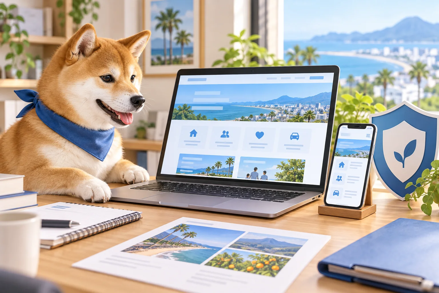 保険代理店ホームページのパソコン表示とスマートフォン表示を確認する犬のイメージ
