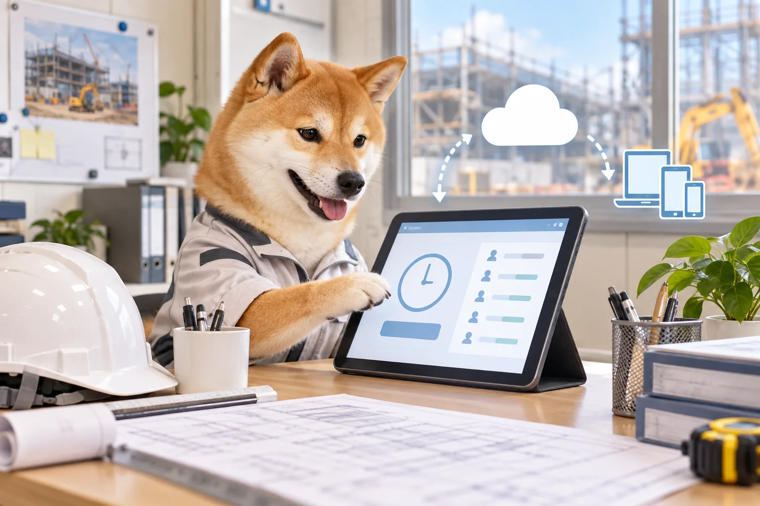 建設現場の事務所で勤怠管理WEBアプリを確認する犬のイメージ