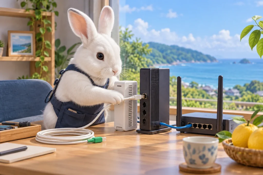 BIGLOBE光の申し込みと出張設定を代行｜宮崎県のIT/PC総合サポート宮崎をイメージした動物たちのITサポート風景
