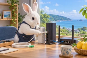BIGLOBE光の申し込みと出張設定を代行｜宮崎県のIT/PC総合サポート宮崎をイメージした動物たちのITサポート風景