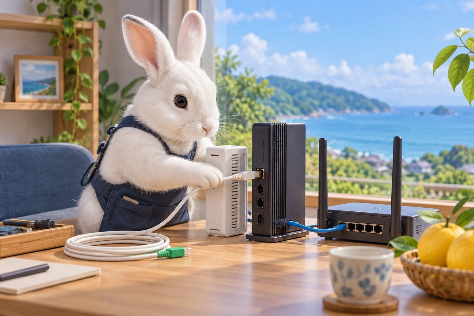 BIGLOBE光の申し込みと出張設定を代行｜宮崎県のIT/PC総合サポート宮崎をイメージした動物たちのITサポート風景