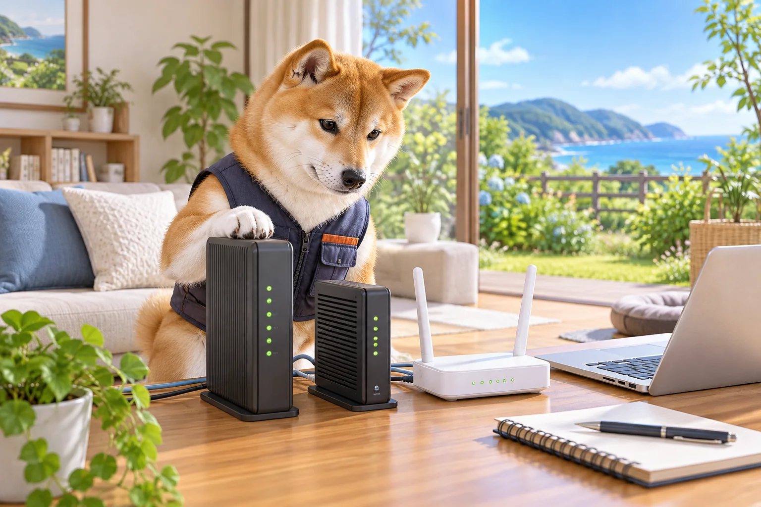 au光（auひかり）の申し込み・開通後の設定サポート｜宮崎県のIT/PC総合サポート宮崎をイメージした動物たちのITサポート風景