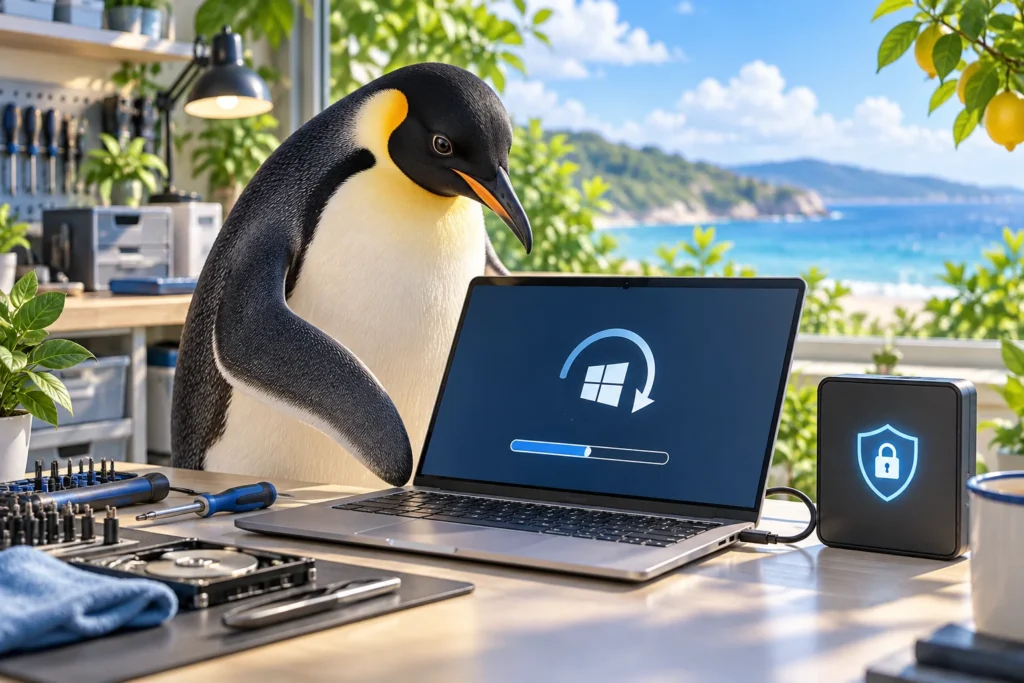 Windowsが起動しない・不調のとき｜データを消さずに修復を｜宮崎県日向市をイメージした動物たちのITサポート風景
