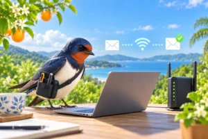 メール設定・送受信トラブルの解決｜宮崎県日向市のPCサポートをイメージした動物たちのITサポート風景