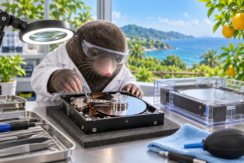 HDD（ハードディスク）のデータ復旧｜論理障害と物理障害の違い【宮崎県・日向市】をイメージした動物たちのITサポート風景