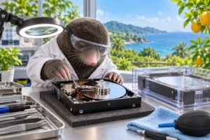 HDD（ハードディスク）のデータ復旧｜論理障害と物理障害の違い【宮崎県・日向市】をイメージした動物たちのITサポート風景