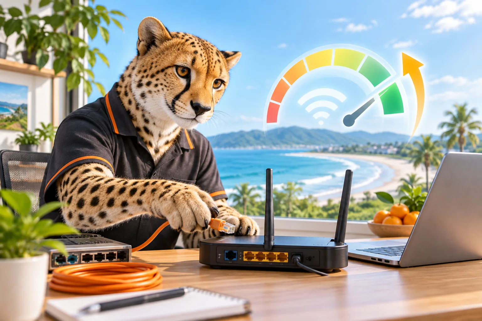 宮崎県でインターネットが遅い原因と速度改善のご相談をイメージした動物たちのITサポート風景