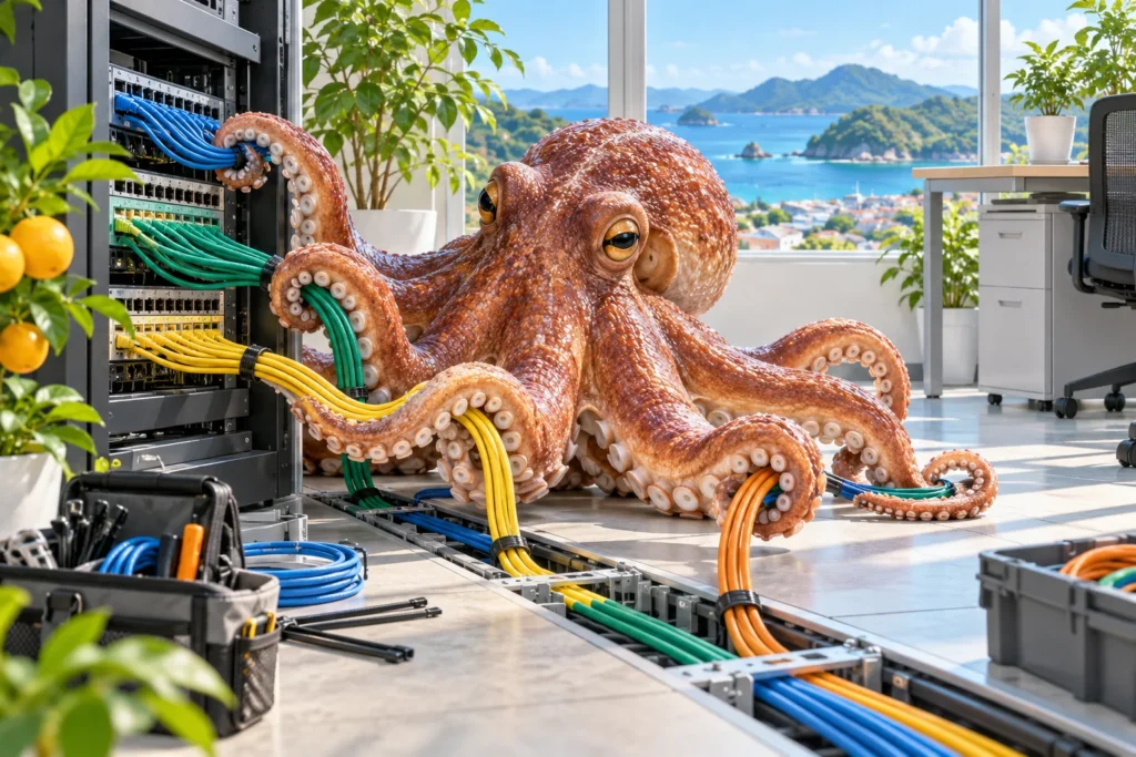 宮崎県のオフィス・店舗のLAN配線・ネットワーク工事のご相談をイメージした動物たちのITサポート風景