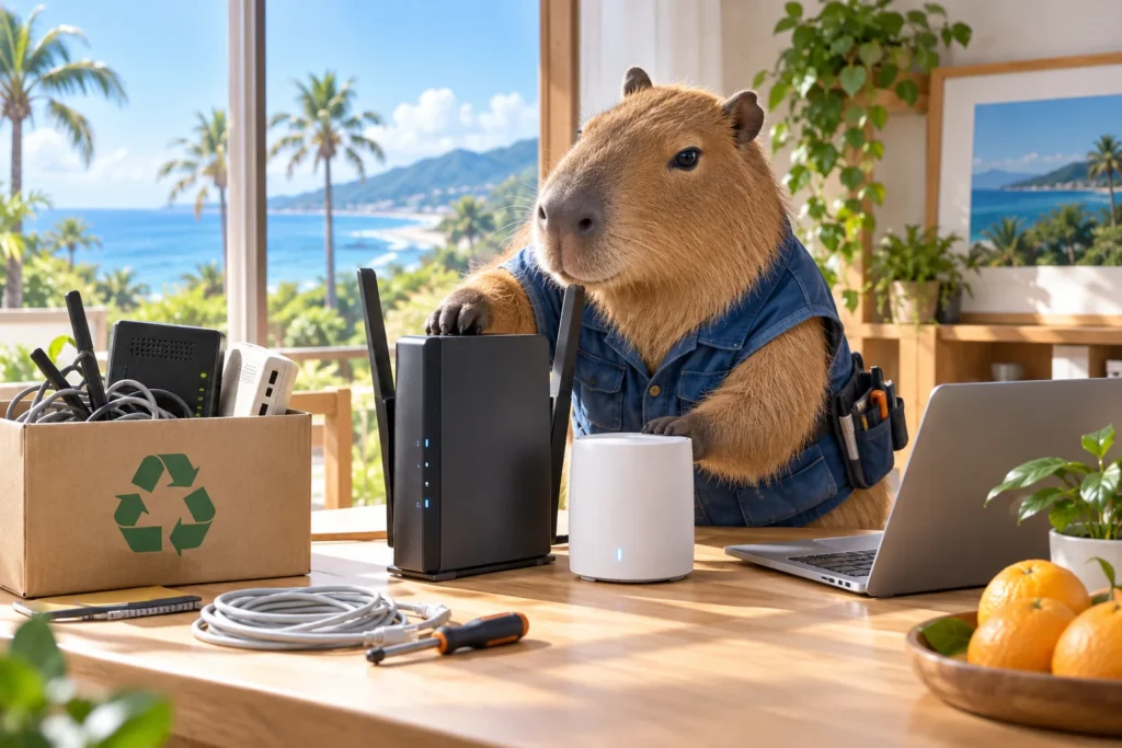 宮崎県でのルーター買い替え・交換と設定のサポートをイメージした動物たちのITサポート風景