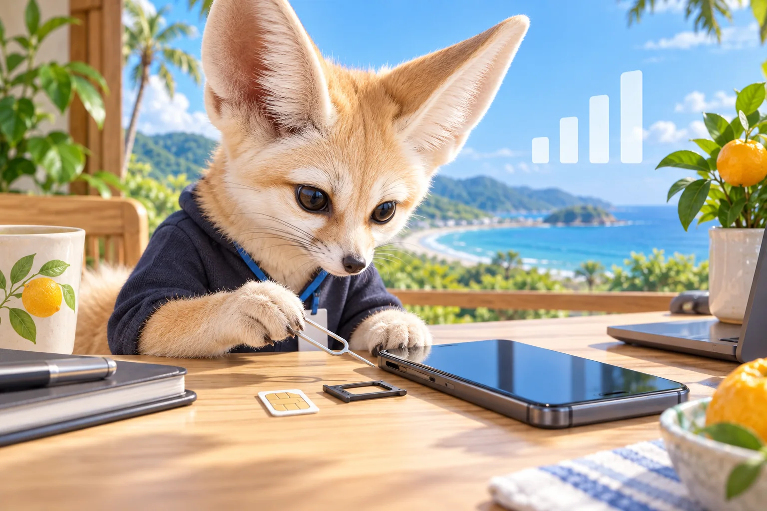 格安SIM・SIMカードの設定サポート｜宮崎県日向市のIT/PC総合サポート宮崎をイメージした動物たちのITサポート風景