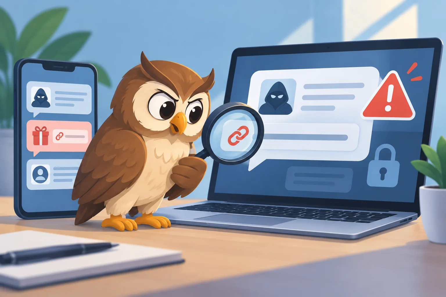 スマートフォンの不審なリンクを確認するフクロウのイメージ