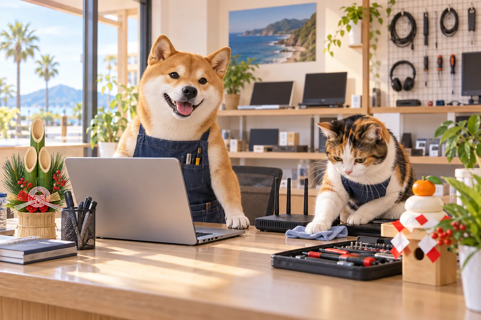 新年の営業開始に向けてパソコンと通信機器を準備する犬と猫のイメージ