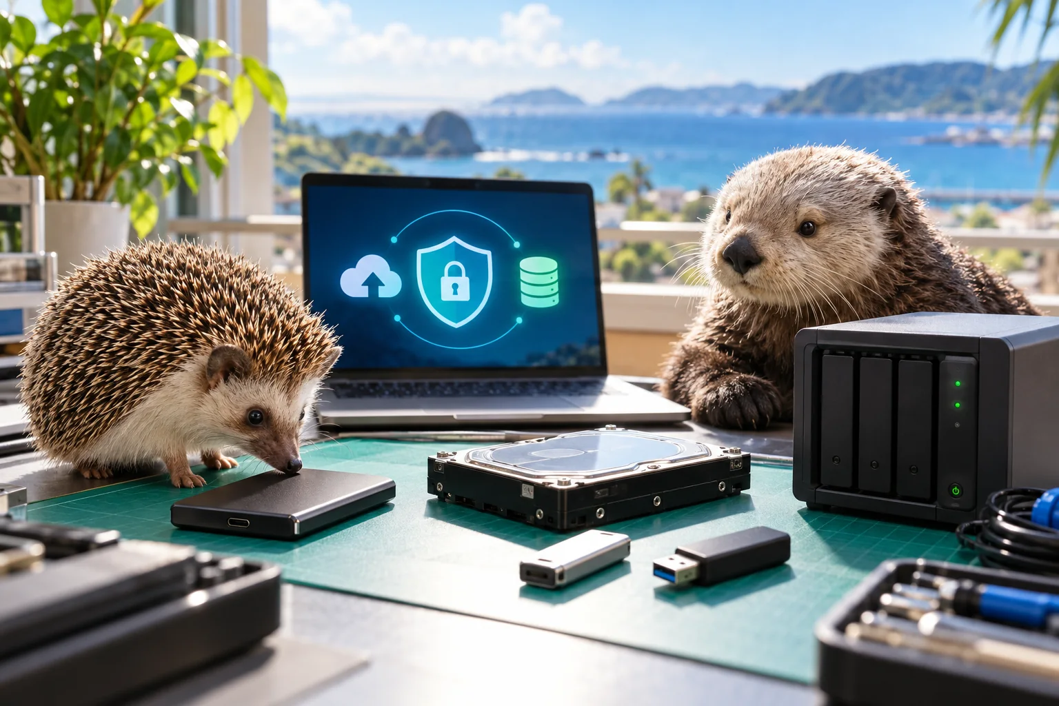 HDDやSSDとNASを確認するハリネズミとカワウソのイメージ
