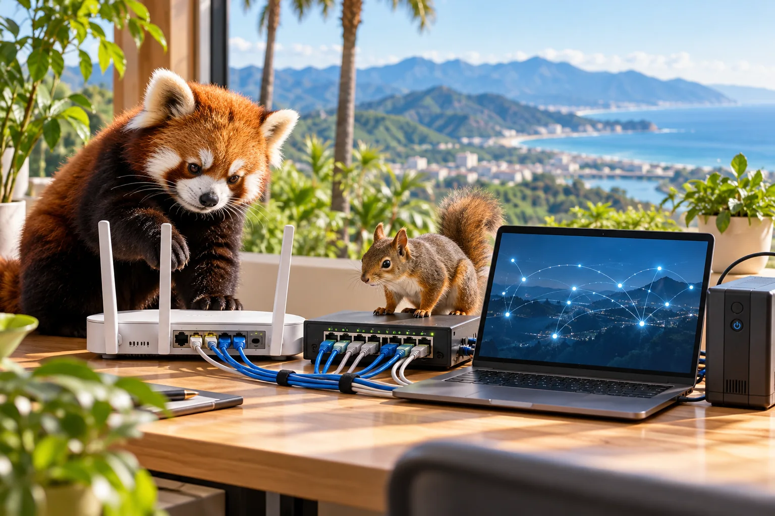 Wi-Fiルーターとネットワーク機器を確認するレッサーパンダとリスのイメージ